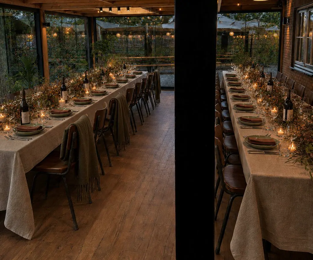 De gedekte lange tafels in de serre van Theehuis ’t Bluk, bij avond.