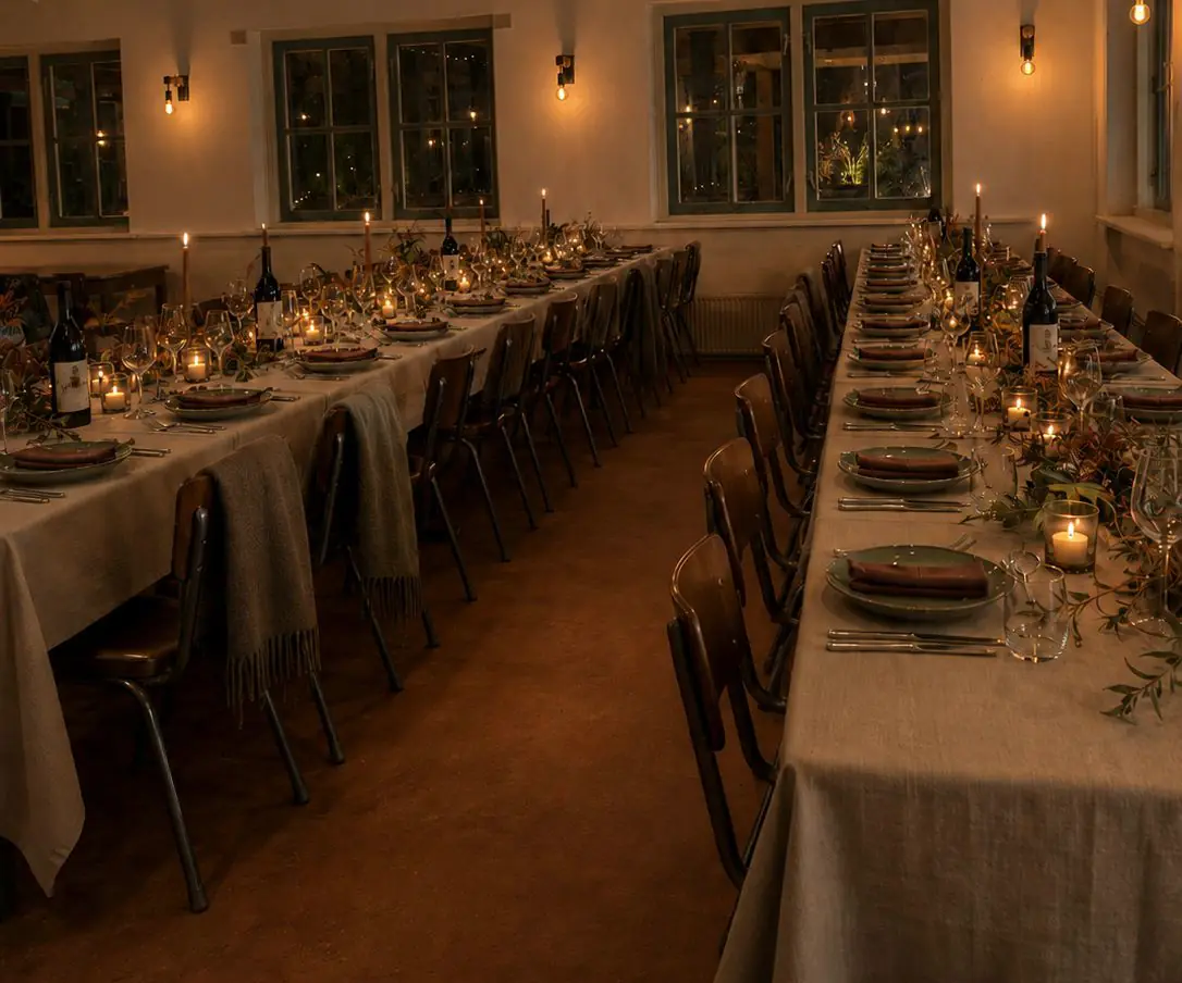 Het theehuis van ’t Bluk als dining room: lange tafels, kaarslicht en lichtsnoeren langs de balken.