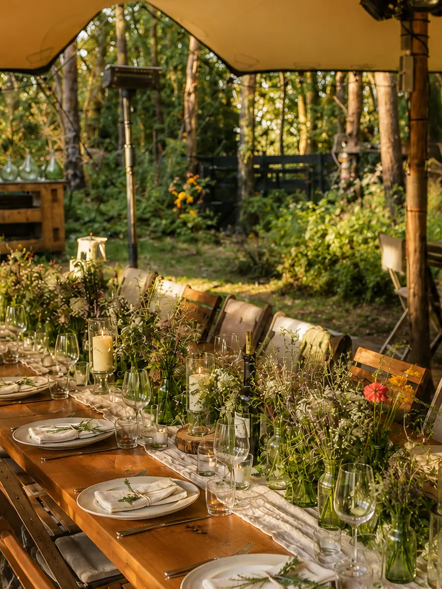 Veldbloemen en groen over de volle lengte van de tafel — editie GARDEN.