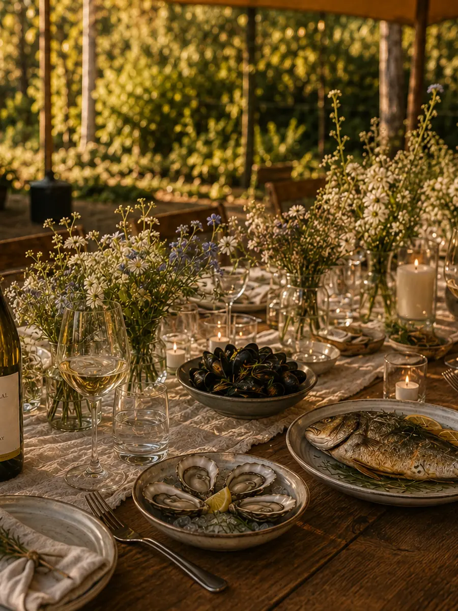 Oesters, vis en koude witte wijn op tafel in de avondzon — editie SEA.