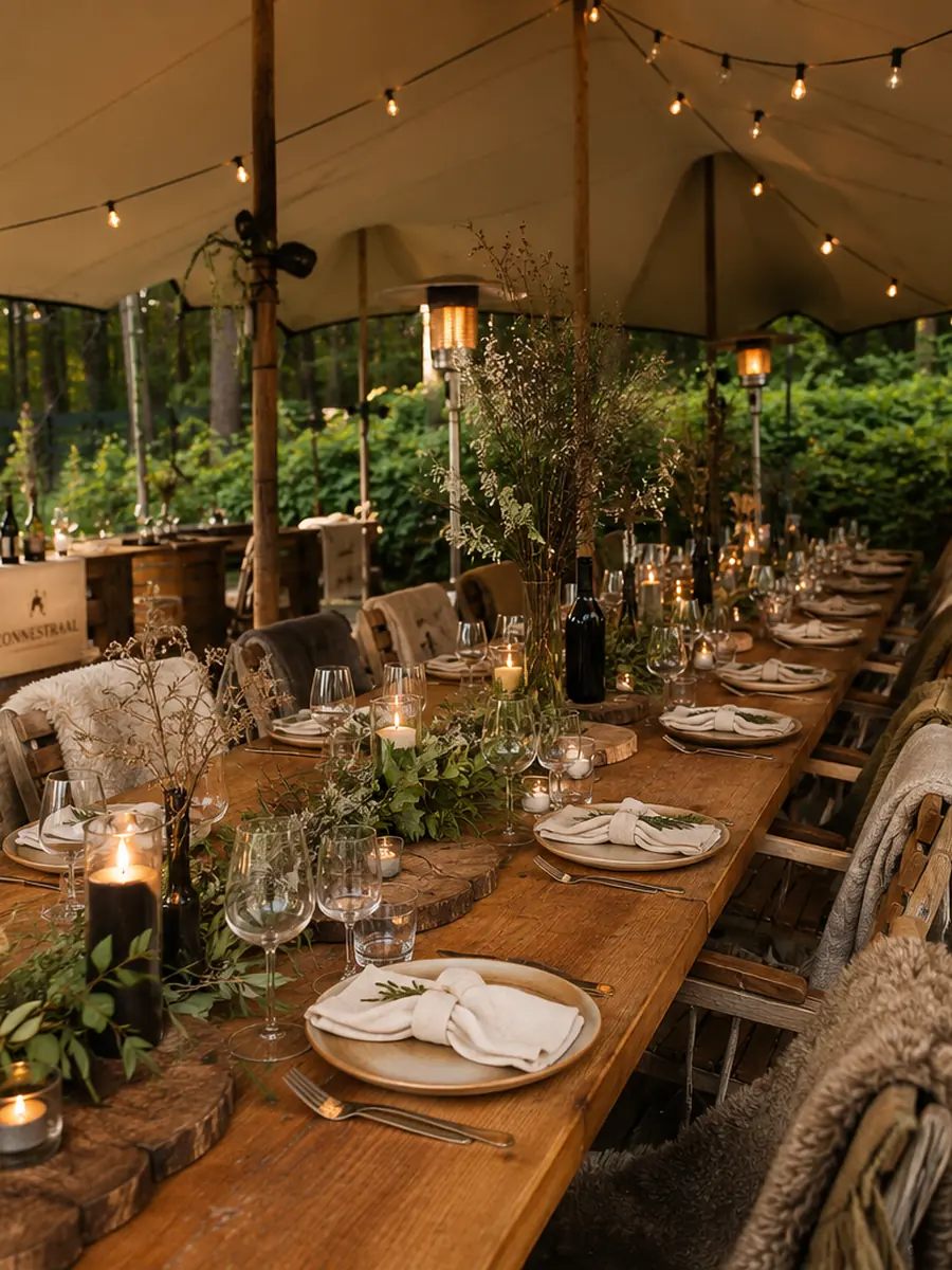 Kaarslicht, wijn en groen op de lange tafel onder de tent — editie WILD.