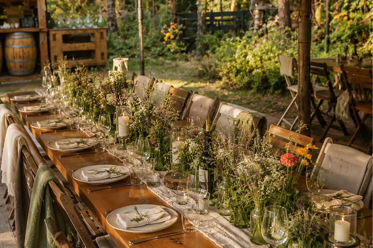 Veldbloemen, kruiden en linnen op de tafel in het voorjaarslicht.